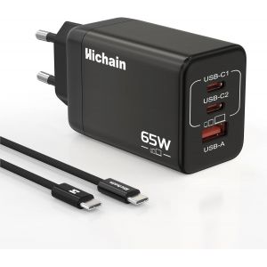 Chargeur Usb C 65W, Chargeur Rapide Usb C 3 Ports, Charger Technologie Ganinfinity Compatible Avec Iphone 16 Pro Max Galaxy S25 S24 S23 A16 Pixel Macbook, Noir (Livr&eacute; C&acirc;ble Type C 1.2M) - Neuf