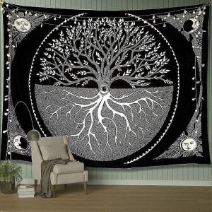 arbre de vie tapisserie murale soleil et lune esthétique tapisserie Tenture murale noir et blanc Mandala tapisserie murale Art décoration salon chambre - Neuf