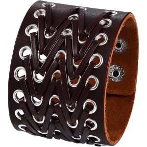 Kal-Bracelet En Cuir Pour Homme, Bracelet En Cuir Véritable, Réglable, 3 Boucles En Alliage, 15-19 Cm, Cadeau Pour Garçon, Halloween, Hiphop Punk, Couleur Noire, Taglia Unica, Cuir - Neuf
