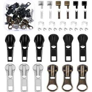 Mevronisshop-Kit De R&eacute;paration En M&eacute;tal De 39 Pi&egrave;ces Pour Fermetures &Eacute;clair #5 Curseurs Avec Tirette, 12 Pi&egrave;ces De T&ecirc;te De Fermeture &Agrave; Glissi&egrave;re Coulissante, 6 Jeux De But&eacute;es Sup&eacute;rieures Et Inf&eacute;rieur - Neuf