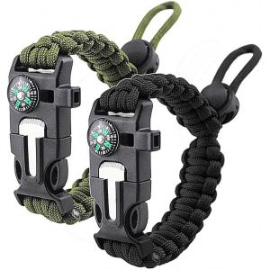 Eryi-Lot De 2 Bracelets Militaires D'équipement De Survie Avec Boussole, Sifflet Allume-Feu, Accessoires Pour Hommes, Kits De Bracelets Et Équipement Militaire De Camping, Randonnée, Urgence Sauvage - Neuf