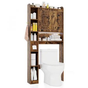 COSTWAY Meuble WC au-Dessus des Toilettes avec LED,2 Portes & 6 Compartiments Ouverts, Porte-Papier, &Eacute;tag&egrave;re R&eacute;glable, Marron - Neuf