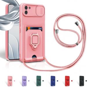 Kal-Cordon De Coque Pour Samsung Galaxy A03 164.2mm,Couvercle Coulissant De La Caméra+Support Annulaire À 360 Degrés,Fentes Pour Cartes Lanyard Silicone Case -Pink - Neuf