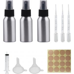 Lbgwp60-Lotde 3 Flacons Pulvérisateurs De 50 Ml Avec 1 Autocollant D'étiquette, 2 Entonnoirs, 1 Seringue, 3 Compte-Gouttes, Mini Vaporisateur En Alliage D'aluminium, Flacon Distributeur De Liquide De - Neuf