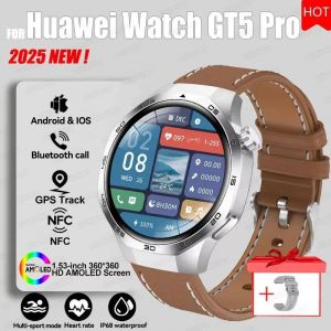 2025 pour HUAWEI GT5 Pro GPS piste montre intelligente hommes 360*360 AMOLED &eacute;cran NFC BT appel &eacute;tanche moniteur de sant&eacute; homme montres intelligentes,Cuir Marron - Neuf