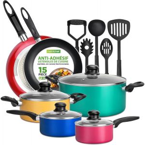 Jexnovashop-Nutrichef Batterie De Cuisine Antiadh&eacute;sive De 15 Pieces Sans Pfoa/Pfos, Rev&ecirc;tement R&eacute;sistant &Agrave; La Chaleur Et Color&eacute; Avec Casserole, Po&ecirc;les &Agrave; Frire, Faitout, Couvercles, 5 Ustensile - Neuf