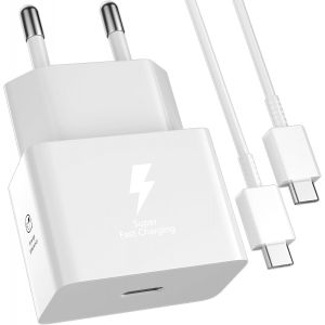 JGD-25W Chargeur Mini et C&acirc;ble 1 M&egrave;tre pour Samsung A35 A55 A54 A34 A53 Galaxy A16 A17 5G A26, Charge Super Rapide PD 25 Watt Adaptateur de Chargeur USB C et Type C C&acirc;ble pour Samsung S25 S24 Z Flip7 - Neuf