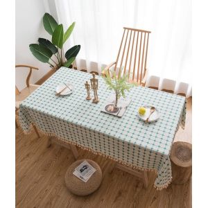 Nappe Rectangulaire Moderne 90 X 140 Cm, Lavable Et Antitache, &Agrave; Petits Carreaux, En Coton Et Lin Bleu Clair Brod&eacute; De Pompons, Id&eacute;ale Pour La D&eacute;coration De Votre Cuisine Ext&eacute;rieure Ou De Votre Jardi - Neuf