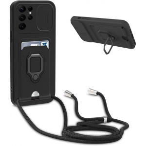 Kal-Coque Avec Cordon Pour Samsung Galaxy S22 Ultra 5g,Collier Pour Étui Colliers De Cellulaire Réglable Corde Silicone Souple Case,Protection De La Caméra,Support,Porte Cartes - Noir - Neuf