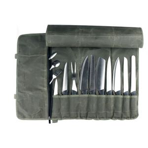 Sac à couteaux de chef en toile cirée robuste pour ranger couteaux de cuisine, couverts et couteaux de cuisine avec 11 emplacements et sangle de transport - Vert armée - Neuf