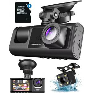 Tech Car Dashcam 3 in 1 Front and Rear Camera G-Sensor Full HD 170° Wide Angle Lens Loop Recording 32GB Micro SD Card (Dashcamauto 3 in 1) - Neuf