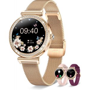 Montre Connectée Femme Ronde Avec Appel Bluetooth 3 Bracelets 41Mm/1.27"" Petite Smartwatch Femme Pour Android Ios Podomètre Fréquence Cardiaque Suivi Sommeil Strass Brillants, Or Rose - Neuf