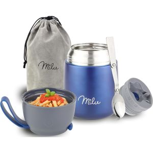 Bo&icirc;tes Alimentaires Isothermes 450ml I 650ml I 800ml, Bo&icirc;te Isotherme Repas Chaud Porte-Aliments En Acier Inoxydable &Agrave; Double Couche, Cuill&egrave;re Pliante Pour Ecole, Bureau (650ml/Gris) - Neuf