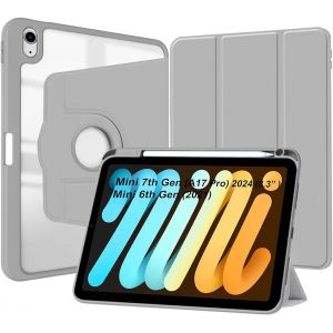 LORANKA-&Eacute;tui rotatif pour iPad mini (A17 Pro, 2024, 7e g&eacute;n&eacute;ration)/mini 6 (2021, 6e g&eacute;n&eacute;ration) avec porte-crayon, rotation &agrave; 360 degr&eacute;s, fonction veille/r&eacute;veil automatique (gris) - Neuf