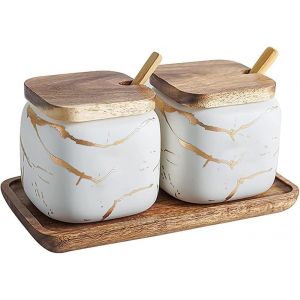 Lot De 2 Bo&icirc;tes &Agrave; &Eacute;pices En C&eacute;ramique Aspect Marbre Avec Cuill&egrave;re Et Couvercle-360 Ml-Bo&icirc;te De Rangement Avec Plateau En Bois (Blanc) - Neuf