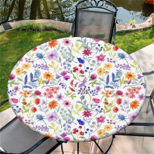 SJZG-Nappe Ronde D'Extérieur Avec Élastique 48In(120Cm)- Nappe De Jardin Élastique Motif Petites Fleurs Colorées Convient Aux Tables De 105 À 115 Cm De Large - Neuf