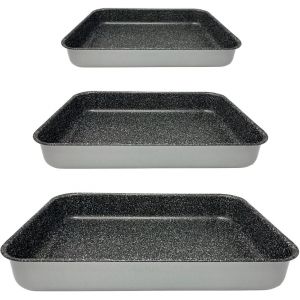 Jexnovashop-Plat Four Rectangulaire - Antiadh&eacute;sif - Passe Au Lave-Vaisselle - Aluminium - Plaques De Cuisson - Design Effet Pierre - (Set Tris 35 Cm 30 Cm, 25 Cm) - Neuf