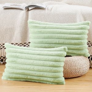 Eryi-Lot De 2 Housses De Coussin En Peluche En Fausse Fourrure Housse De Coussin Décorative Douce À Rayures Moelleuses Pour Coussin De Chambre À Coucher De Canapé Vert Clair 30 X 50 Cm - Neuf