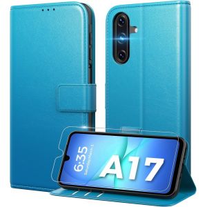 SJZG-Coque Pour Samsung Galaxy A17 5G [Verre Trempé Protection] [Blocage Du Signal Rfid] [Premium Pu] [Pochette De Portefeuille] Etui À Rabat Pour Samsung A17 -Bleu Vif - Neuf