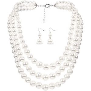 Collier Ras Du Cou Vintage &Agrave; Plusieurs Rang&eacute;es De Perles Artificielles Rondes Blanches Superpos&eacute;es Ann&eacute;es 20 - Collier Long D&eacute;licat Pour Mariage, F&ecirc;te Gatsby Avec Boucles D'oreilles - 6410, - Neuf