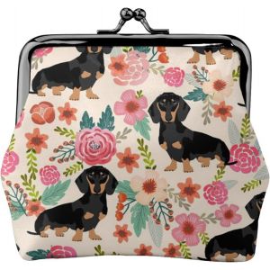 Fleurs Rose Noir Teckel Porte-Monnaie En Cuir Pour Femme,Petite Pochette À Langer Avec Fermoir À Fermeture Kiss-Lock Fermoir Boucle Portefeuille Pour Fille Cadeau - Neuf