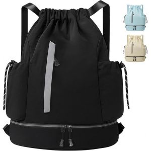 Sacs De Sport &Agrave; Cordon, Grande Capacit&eacute; Sac &Agrave; Dos De Sport Imperm&eacute;able Avec Bandouli&egrave;re R&eacute;glables, Gym Sack En Nylon Avec Pour Homme Femme Unisexe, Sac De Gym Pour L'&eacute;cole Voyage Camping - Noir - Neuf