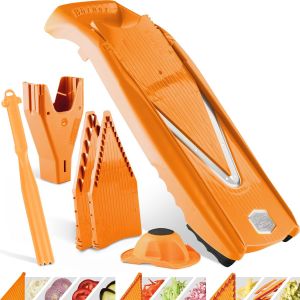 Mevronisshop-Coupe-L&eacute;gumes V5 (Plus Set) &iquest; Mandoline En V R&eacute;glable + Accessoires Suppl&eacute;mentaires + &Eacute;plucheur &iquest; Avec Lame En V En Acier Inoxydable &iquest; Pour Tranches, B&acirc;tonnets, D&eacute;s &iquest; Orange - Neuf