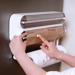 Tianyi-Coupe-Film Avec Porte-Rouleau D'essuie-Tout 3 En 1 : Distributeur Magnétique De Film Plastique, Distributeur De Film Alimentaire Avec Cutter (Translucide) - Neuf