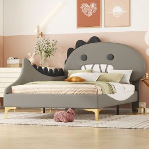 Lit jeune 90x200 cm lit d'enfant cartoon dinosaur form lit plat pu material gris - Neuf