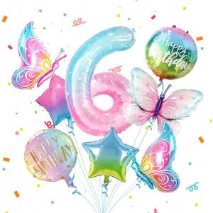 Balloon Decoration Butterfly 6 Years, 8 X Numbers 6 Years Butterfly Balloons Decorative Birthday Balloons Foil Balloons Birthday Decoration For Girls - Neuf