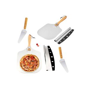 Ensemble De Pelle &Agrave; Pizza Comprenant Une Pelle En Aluminium, Un Manche En Bois, Un Coupe-Pizza &Agrave; Bascule Et Une Spatule - 2 Pi&egrave;ces - Neuf