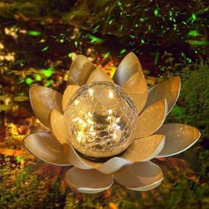 Lampe Solaire Lotus - Lampe De Jardin Solaire Led Avec Boule En Verre Craquel&eacute; Pour D&eacute;coration Ext&eacute;rieure - Neuf