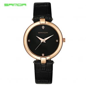 Sanda Femme Dame Analogique Rond Quartz Strass Bracelet En Cuir Montre Montre-Bracelet (Noir Noir) - Neuf