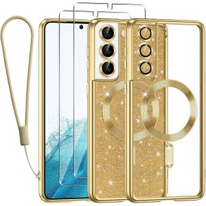 SJZG-Glitter Magn&eacute;tique Pour Samsung Galaxy S22 5G Con Cordon, [Compatible Avec Magsafe] Antichoc Brillant Paillet&eacute; Housse Souple Couqe Pour Samsung S22 Avec 2 Pi&egrave;ces Verre Tremp&eacute; &Eacute;tui, Or - Neuf