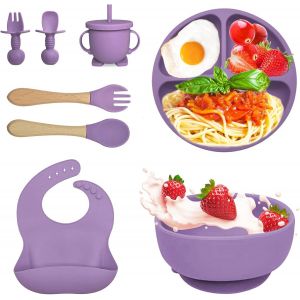 Kal-Coffret Repas Bebe 8 Pièces, Vaisselle Antiderapant Pour Bébé Set Silicone Avec Ventouse Assiette Bol Fourche Cuillère Bavoir Et Tasse, Assiette Enfant Set, Sans Bpa (Violet) - Neuf