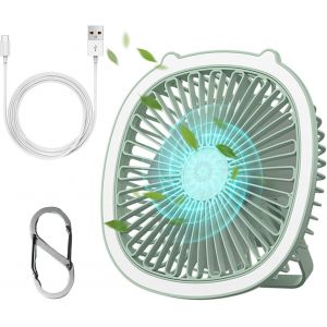 KALANKA-Ventilateur Portable, Ventilateur Silencieux, 3 Vitesse, Lumière LED, Vert, Noir, 2.93 cm (D) x 7.6 cm (W) x 7.6 cm (H), Bureau à Domicile, Camping - Neuf