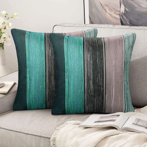 Housse De Coussin 50 X 50 Coussin Canape Turquoise Lin Coton D&eacute;coratif Canap&eacute; Moderne Carr&eacute; Bois Ray&eacute; R&eacute;tro Pour Canap&eacute; Lit Voiture Salon Chambre D&eacute;cor &Agrave; La Maison Lot De 2 - Neuf