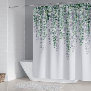 Rideau de douche Feuilles d'eucalyptus Plante verte 180 x 180 cm Rideau de bain Tissu polyester Anti-moisissure Imperm&eacute;able Lavable Rideau de salle de bain avec crochets f - Neuf