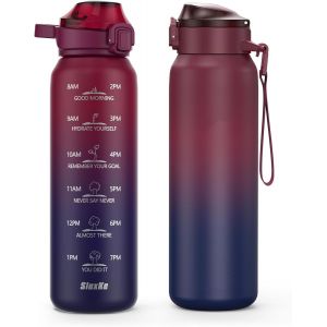 Jgd-1 Litre Gourde Isotherme Avec Handle, 18/10 Inox Bouteille 1000ml Avec Marquage De Temps Sans Bpa, Pour Sport, Voyages, L'&eacute;cole, Bureau, Maison(Rouge Noir) - Neuf