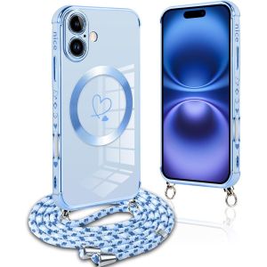 Eryi-Coque Magnétique Pour Iphone 16 Plus Con Cordon, Compatible Avec Magsafe, Silicone Housse Avec Motif Coeur D'amour Réglable Collier Lanyard, Antichoc Etui Pour Iphone16 Plus 6.7"", Chaine-Bleu - Neuf