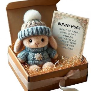 Mini lapin câlin mignon cadeau de Pâques, lapin en peluche de Pâques avec bonnet tricoté et pompon, lapin de soutien émotionnel de poche souple avec boîte cadeau et carte-C - Neuf