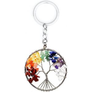 Kal-Porteclés Arbre De Vie Rond Avec Pierres Naturelles Multicolores Chakra Bijou Accessoire Sac Décoration - Neuf