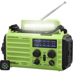 Radio d'urgence, Radio &agrave; Manivelle, Radio Solaire, Radio M&eacute;t&eacute;o pour la Randonn&eacute;e et l'ext&eacute;rieur, avec AM/FM/SW, Alarme SOS, Port de Charge USB, Lampe de Poche LED, Lampe de Lecture, Boussole - Neuf