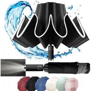 ERSHI-Parapluie Pliant, Parapluie de voyage coupe-vent, Lumière LED, Compact, Parapluie de Poche, conception à pliage inversé, ban[1418] - Neuf