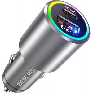 Zeskris Allume Cigare Double Port En Métal 53w - Type C Pd3.0 35w, Usb Qc3.0 18w - Compatible Iphone 14 13 12 11 X Xs Pro Mini, Ipad Pro, Galaxy S23 - Neuf