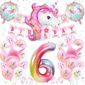 6 Ans Licorne Decoration Anniversaire Fille,Ballon Anniversaire 6 Ans Avec Birthday Banner,3D Licorne Foil Ballons,Grand Foil Number 6,Blanc Rose D&eacute;coration 6 Anniversaire Fille B&eacute;b&eacute; - Neuf