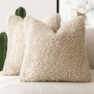 Cauc-Lot De 2 Housses De Coussin D&eacute;coratives En Fausse Fourrure De Sherpa, Taies D'oreiller Pelucheuses Et Molletonn&eacute;es Pour Lit, Canap&eacute;, Salon, 45,7 X 45,7 Cm, Kaki Clair - Neuf