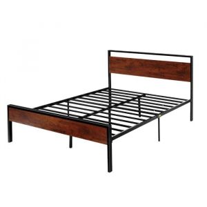 Cadre de Lit Queen Size en M&eacute;tal Noir-Duoku-Sommier Plateforme avec T&ecirc;te et Pied en Bois Brun R&eacute;tro-Hauteur de 31 cm - Neuf