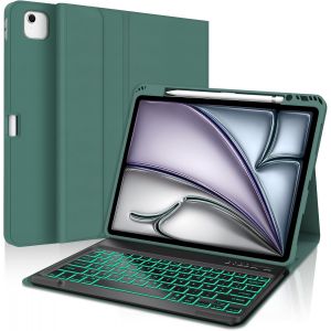 Coque Pour Ipad Air 13"" (M3 2025/M2 2024) Avec Pavé Tactile Clavier, Azerty Français Clavier Rétroéclairé 7 Couleurs Détachable Sans Fil Bluetooth - Étui Ipad Air 13, Vert Foncé - Neuf