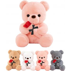Ours En Peluche Avec Rose,25Cm Teddy Bear Rose,Nounours Peluche Mignon,Juet En Teddy Bear Personnalisé Ours Cadeau De Poupée,Petit Ourson Doux Anniversaire Cadeau Pour Garçons Filles - Neuf